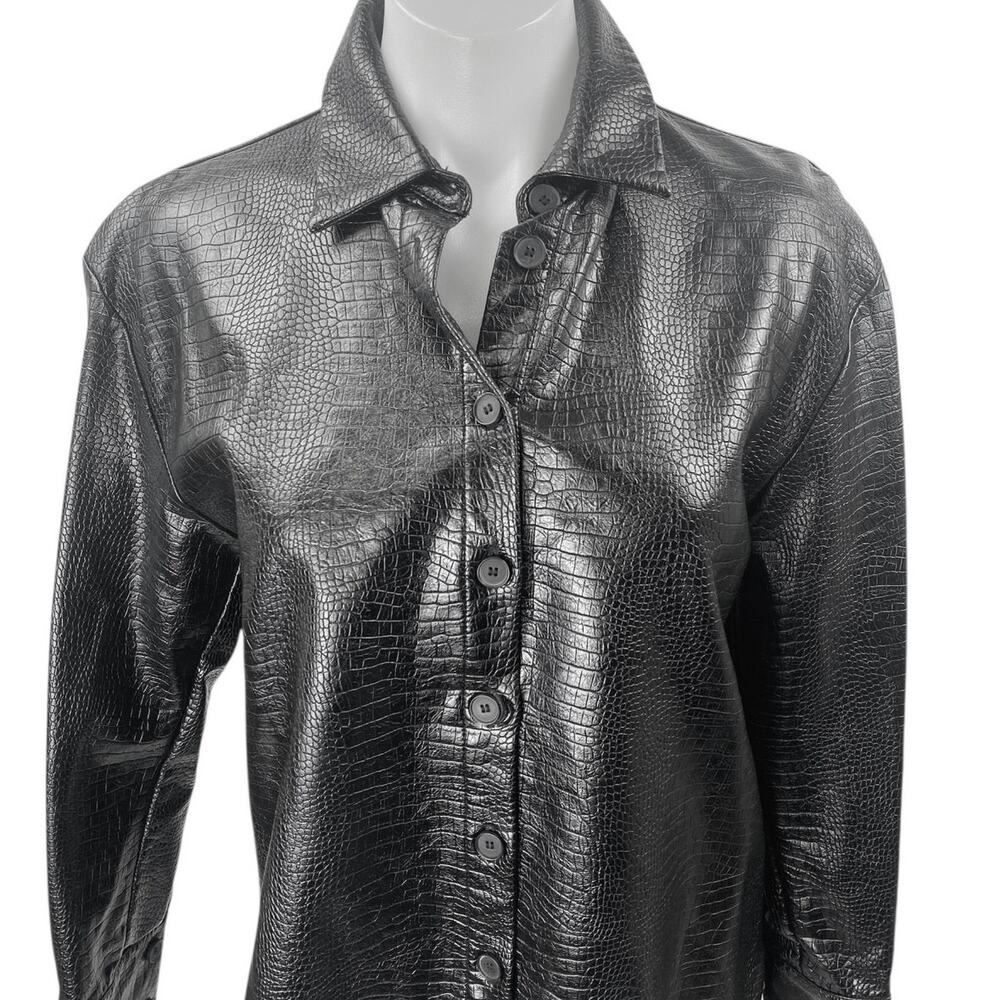 Zara Women's Black Faux Leather Vegan Croc Long Sleeve Button Up Jacket Size S - Picture 3 of 5